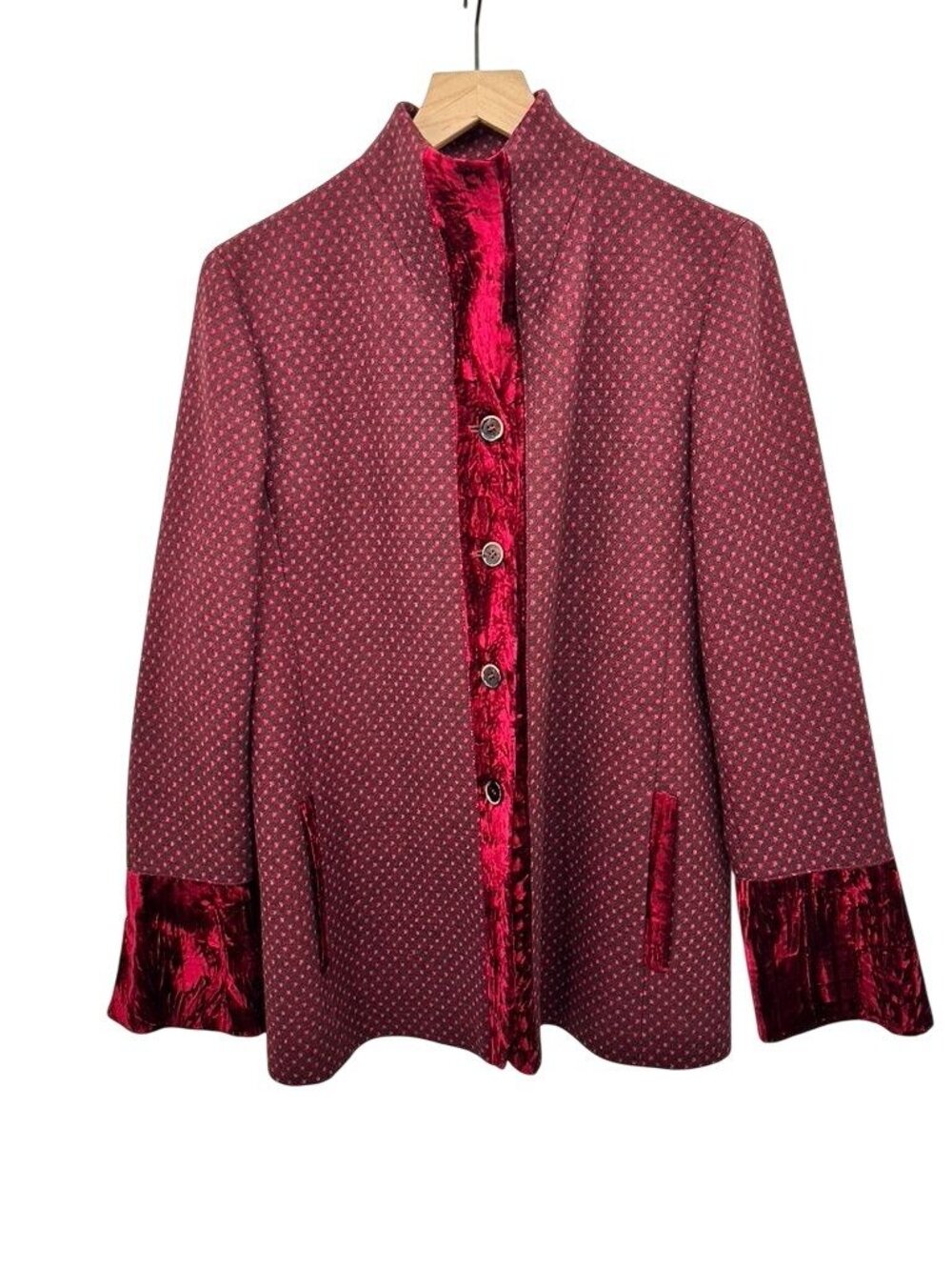 Etro Milano Red Patterned Wool Blend Jacket With Velvet Trim Size 46/Large